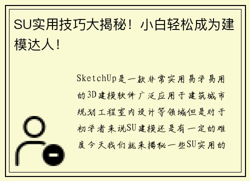 SU实用技巧大揭秘！小白轻松成为建模达人！