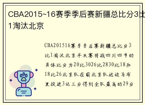 CBA2015~16赛季季后赛新疆总比分3比1淘汰北京
