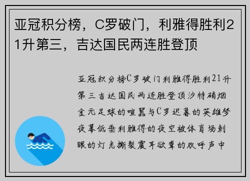亚冠积分榜，C罗破门，利雅得胜利21升第三，吉达国民两连胜登顶