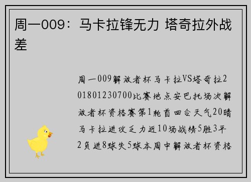 周一009：马卡拉锋无力 塔奇拉外战差