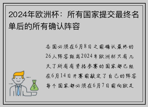 2024年欧洲杯：所有国家提交最终名单后的所有确认阵容
