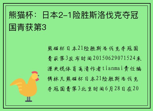 熊猫杯：日本2-1险胜斯洛伐克夺冠 国青获第3